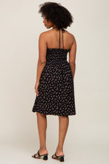 Black Floral Ribbed Smocked Halter Dress