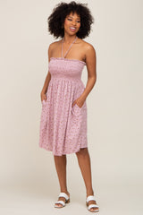 Mauve Floral Ribbed Smocked Halter Dress