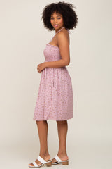 Mauve Floral Ribbed Smocked Halter Dress