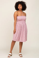 Mauve Floral Ribbed Smocked Halter Dress