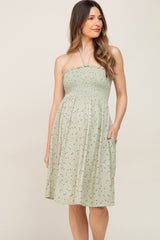 Light Olive Floral Ribbed Smocked Halter Maternity Dress