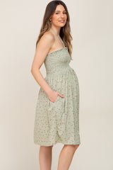 Light Olive Floral Ribbed Smocked Halter Maternity Dress