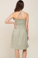 Light Olive Floral Ribbed Smocked Halter Maternity Dress