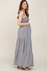 Black Gingham Smocked Shoulder Tie Tiered Maternity Maxi Dress