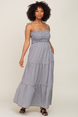 Black Gingham Smocked Shoulder Tie Tiered Maternity Maxi Dress