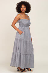 Black Gingham Smocked Shoulder Tie Tiered Maternity Maxi Dress