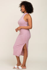 Mauve Ribbed Mock Neck Sleeveless Side Slit Midi Dress