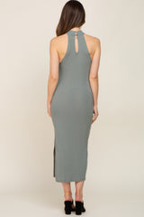 Sage Ribbed Mock Neck Sleeveless Side Slit Maternity Midi Dress