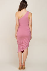 Mauve Sleeveless One Shoulder Ruched Maternity Dress