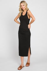 Black Ribbed Sleeveless Ruched Side Slit Maternity Midi Dress