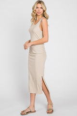 Beige Ribbed Sleeveless Ruched Side Slit Maternity Midi Dress