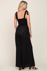 Black Satin Smocked Square Neck Shoulder Tie Jumpsuit