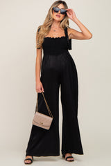 Black Satin Smocked Square Neck Shoulder Tie Maternity Jumpsuit