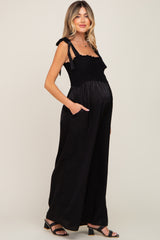 Black Satin Smocked Square Neck Shoulder Tie Maternity Jumpsuit