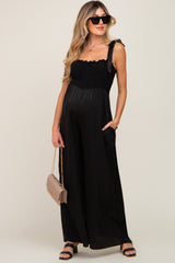 Black Satin Smocked Square Neck Shoulder Tie Maternity Jumpsuit