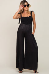 Black Satin Smocked Square Neck Shoulder Tie Maternity Jumpsuit