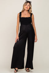 Black Satin Smocked Square Neck Shoulder Tie Maternity Jumpsuit