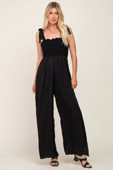 Black Satin Smocked Square Neck Shoulder Tie Jumpsuit