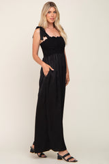 Black Satin Smocked Square Neck Shoulder Tie Jumpsuit