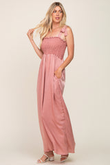 Mauve Satin Smocked Square Neck Shoulder Tie Jumpsuit