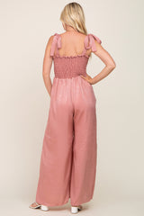 Mauve Satin Smocked Square Neck Shoulder Tie Jumpsuit