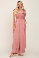 Mauve Satin Smocked Square Neck Shoulder Tie Jumpsuit