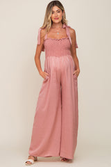 Mauve Satin Smocked Square Neck Shoulder Tie Maternity Jumpsuit