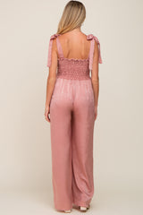 Mauve Satin Smocked Square Neck Shoulder Tie Maternity Jumpsuit