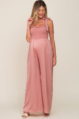 Mauve Satin Smocked Square Neck Shoulder Tie Maternity Jumpsuit