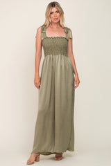 Olive Satin Smocked Square Neck Shoulder Tie Maternity Jumpsuit