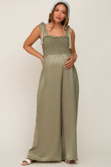 Olive Satin Smocked Square Neck Shoulder Tie Maternity Jumpsuit