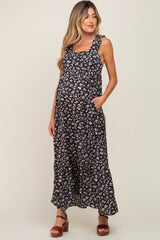 Black Floral Ruffle Trim Maternity Maxi Dress