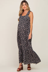 Black Floral Ruffle Trim Maternity Maxi Dress