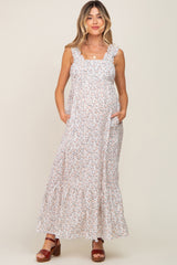 Cream Floral Ruffle Trim Maternity Maxi Dress