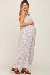 Cream Floral Ruffle Trim Maternity Maxi Dress