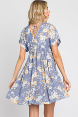 Blue Floral V-Neck Short Sleeve Dress