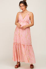 Pink Chiffon V-Neck Ruffle Tiered Maternity Maxi Dress