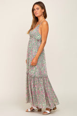 Light Olive Chiffon V-Neck Ruffle Tiered Maxi Dress