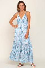 Blue Chiffon V-Neck Ruffle Tiered Maxi Dress