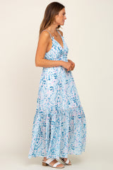 Blue Chiffon V-Neck Ruffle Tiered Maxi Dress