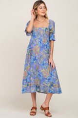 Blue Tropical Print Smocked Maternity Midi Dress