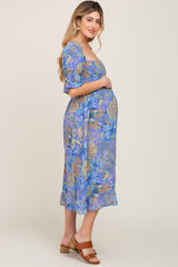 Blue Tropical Print Smocked Maternity Midi Dress