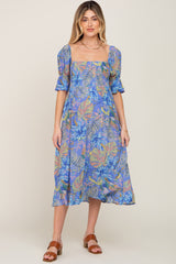 Blue Tropical Print Smocked Maternity Midi Dress