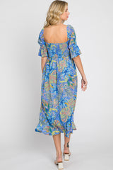 Blue Tropical Print Smocked Midi Dress