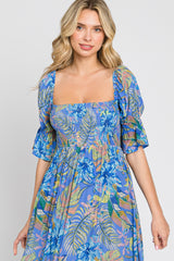 Blue Tropical Print Smocked Midi Dress