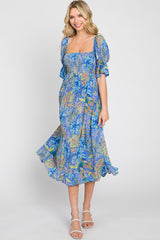 Blue Tropical Print Smocked Midi Dress