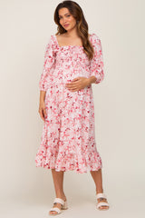 Pink Floral Ruffle Square Neck Smocked Front Tie Maternity Midi Dress