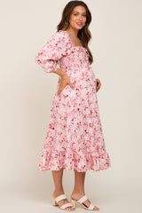 Pink Floral Ruffle Square Neck Smocked Front Tie Maternity Midi Dress