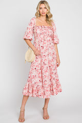 Pink Floral Ruffle Square Neck Smocked Front Tie Midi Dress