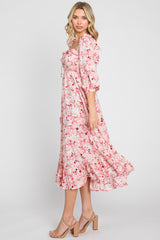 Pink Floral Ruffle Square Neck Smocked Front Tie Midi Dress